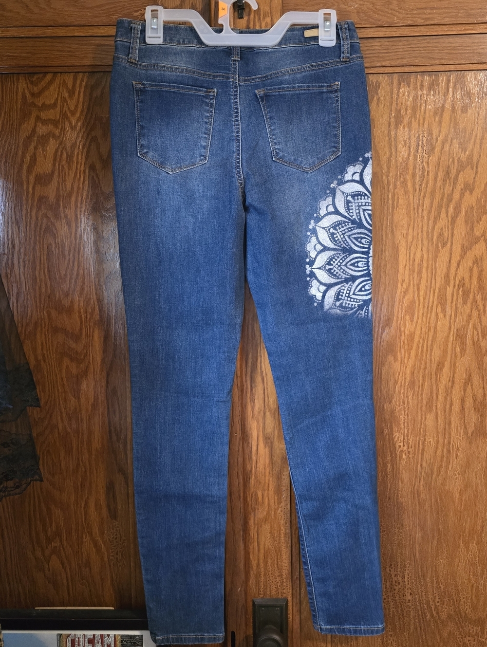 HANDCRAFTED Upcycled Denim Boho Skinny Jeans HANDPAINTED Mandala Hamsa Size 11 - Picture 11 of 14